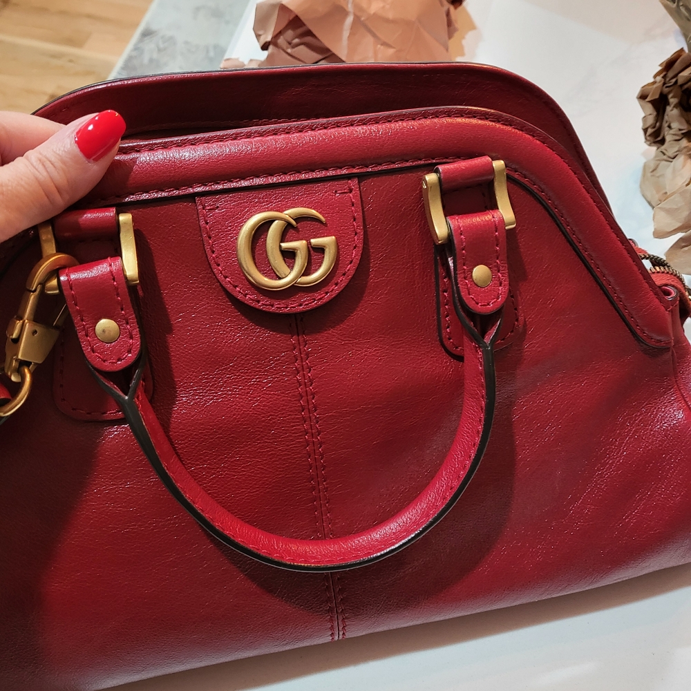 Gucci Red Leather Shoulder Bag with Gold Accents